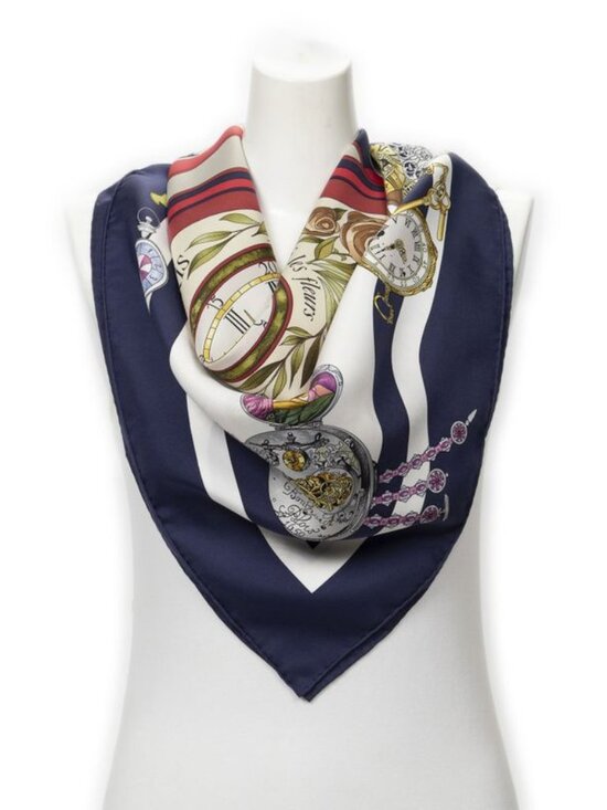 Hermes Scarf Navy Ivory Red Silk